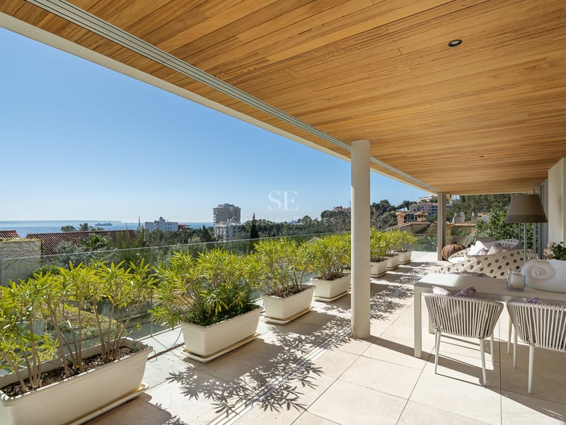 Überdachte Terrasse mit Holzdecke, Glasgeländer und weißen Pflanzgefäßen mit Blick auf die Stadt.