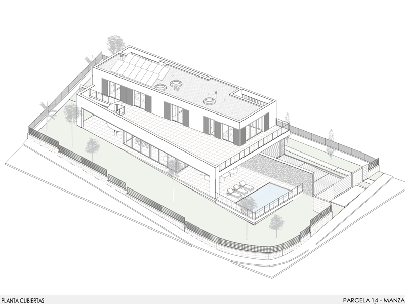 Dessin axonométrique 3D d'une villa moderne montrant le plan de toiture, la piscine privée et les panneaux solaires.