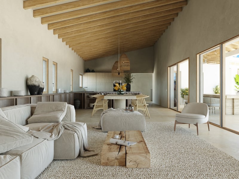 Salon moderne spacieux avec hauts plafonds en bois, mobilier neutre et grandes baies vitrées donnant sur la terrasse.
