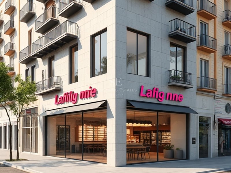 Vue extérieure d'un immeuble d'angle moderne avec parement en pierre crème et balcons noirs minimalistes.