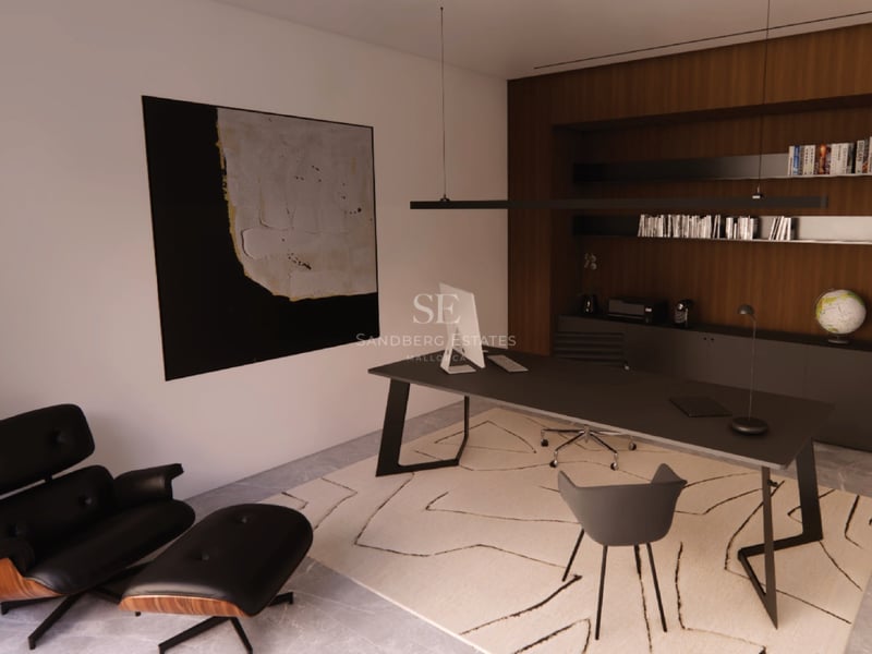 Bureau à domicile moderne avec bureau noir, fauteuil Eames, boiseries en noyer et art abstrait.