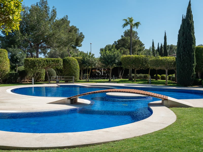 An expansive multi-lobed blue swimming pool with a wooden footbridge, surrounded by manicured lawns and mature trees.