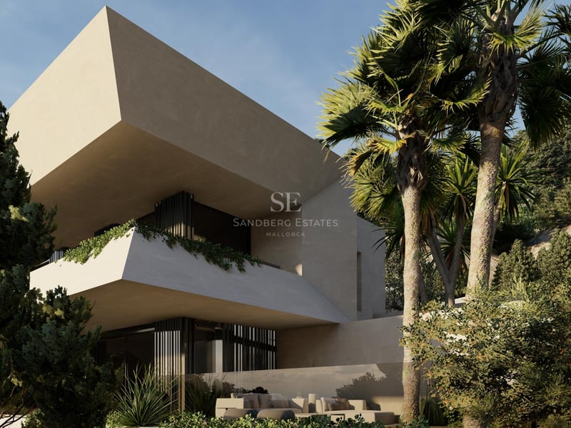 Contemporary villa facade with cantilevered concrete balconies, palm trees, and lush Mediterranean greenery.