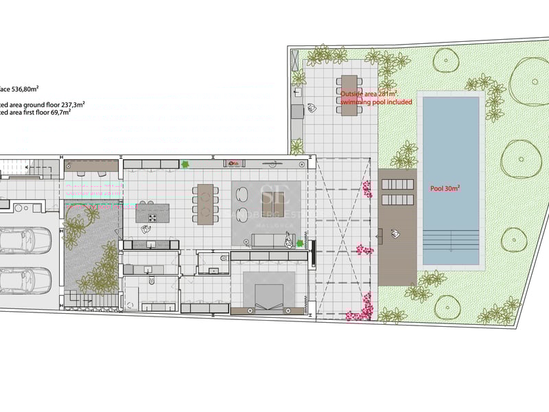 Plan architectural d'une villa moderne avec intérieur ouvert, double garage, piscine et jardin.