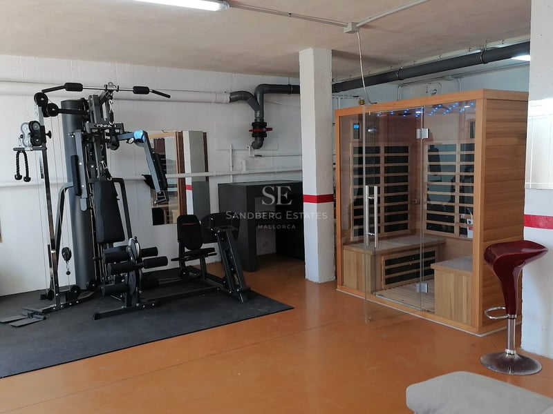 Salle de fitness intérieure avec appareil de musculation multifonction et cabine de sauna en bois.