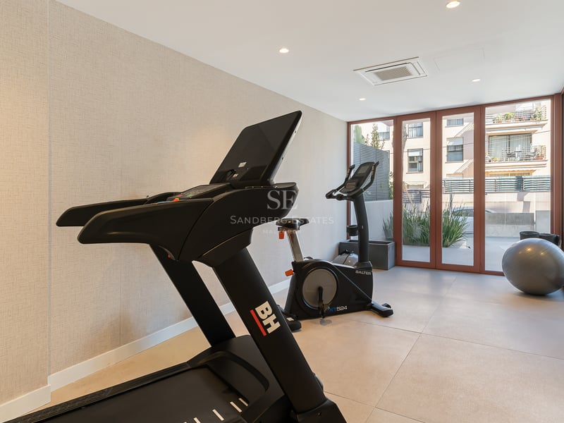 Modern indoor fitness room featuring a treadmill, exercise bike, and floor-to-ceiling windows overlooking a patio.
