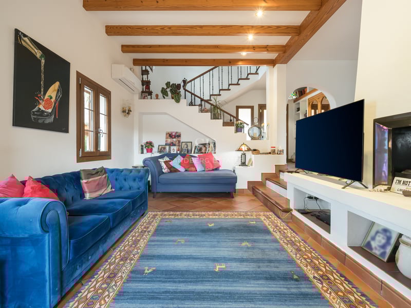 Spacious living room featuring blue velvet sofas, exposed wooden ceiling beams, and traditional terracotta floor tiles.