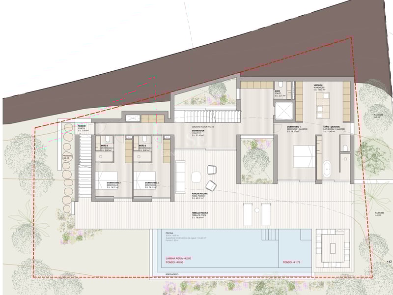 Plan architectural détaillé du rez-de-chaussée avec trois chambres en suite, terrasse et piscine à débordement.