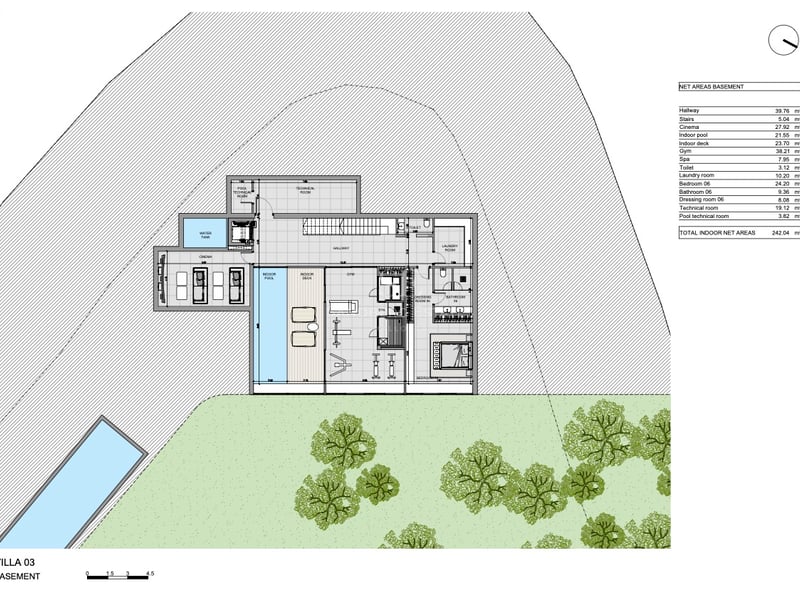 Architectural floor plan of a luxury villa basement featuring an indoor pool, gym, cinema, and guest suite.