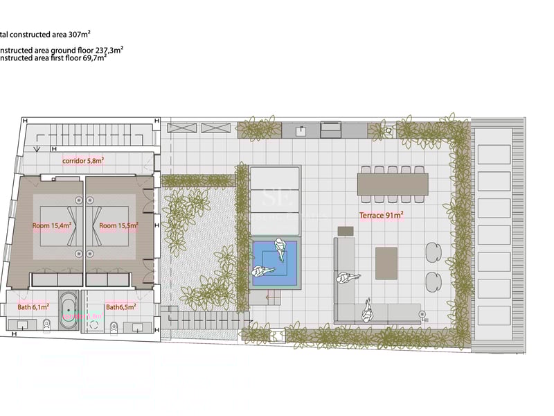 Plan d'architecte montrant deux chambres avec salles de bains attenantes et une grande terrasse de 91 mètres carrés.