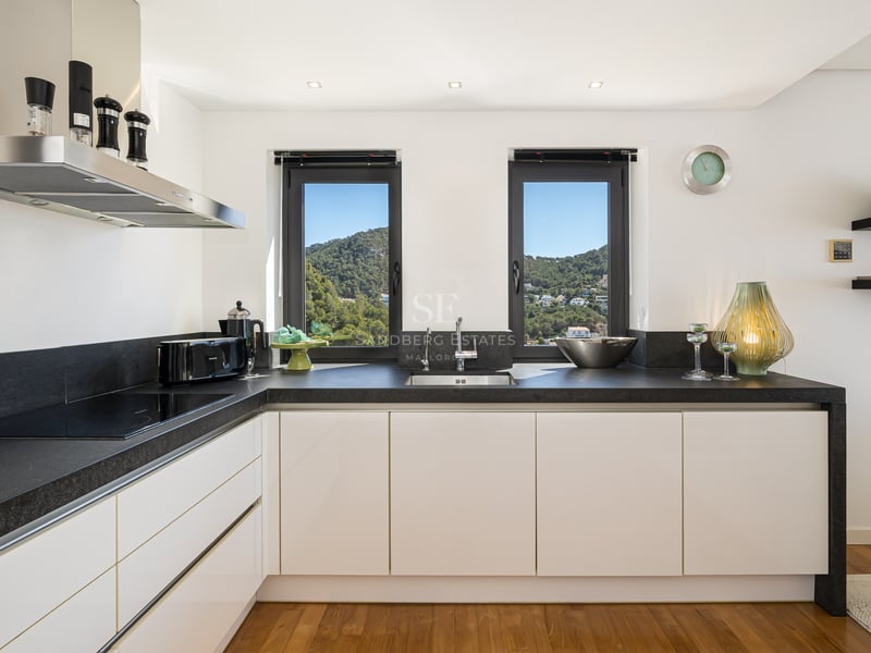 Contemporary white kitchen with dark stone countertops, wood floors, and two windows overlooking green hills.