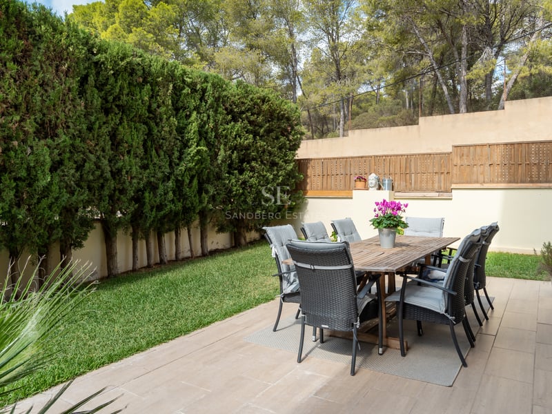 Table en bois et huit chaises sur une terrasse pavée bordée de hautes haies de cyprès.