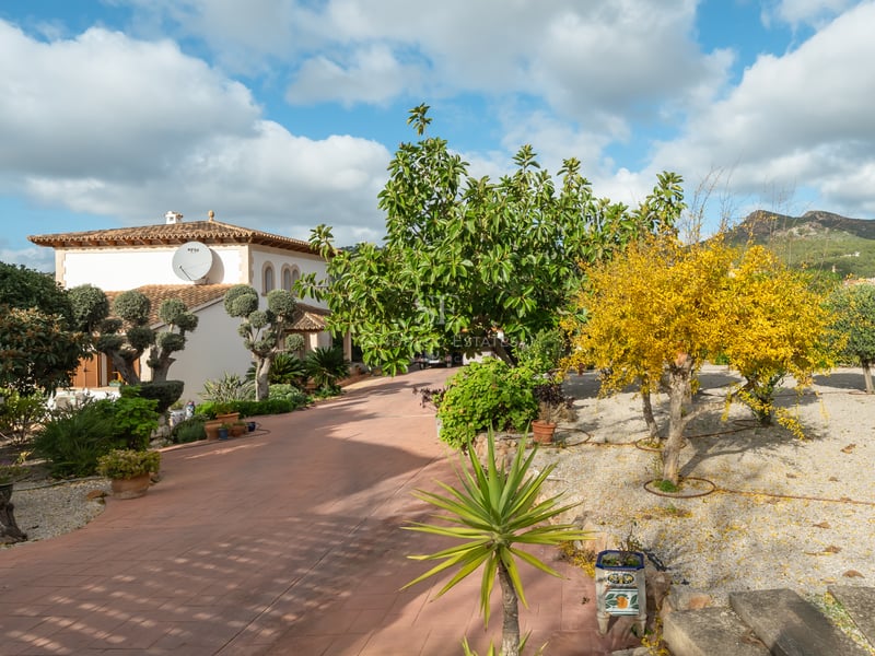 Terracotta-paved driveway leading to a white villa surrounded by trees and mountains under a blue sky.