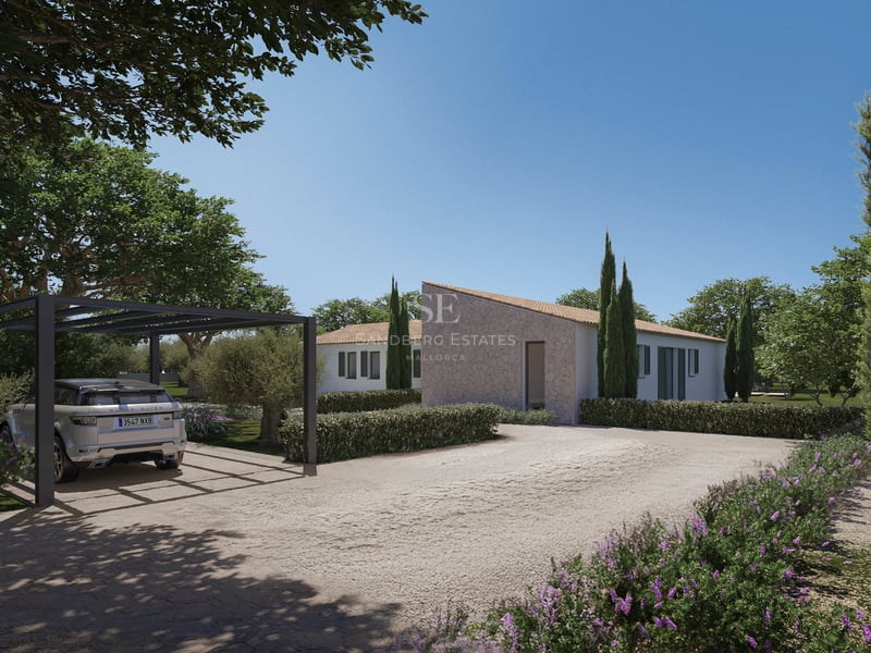 Villa méditerranéenne moderne avec des accents de pierre, une allée en gravier et un SUV de luxe sous une pergola noire.