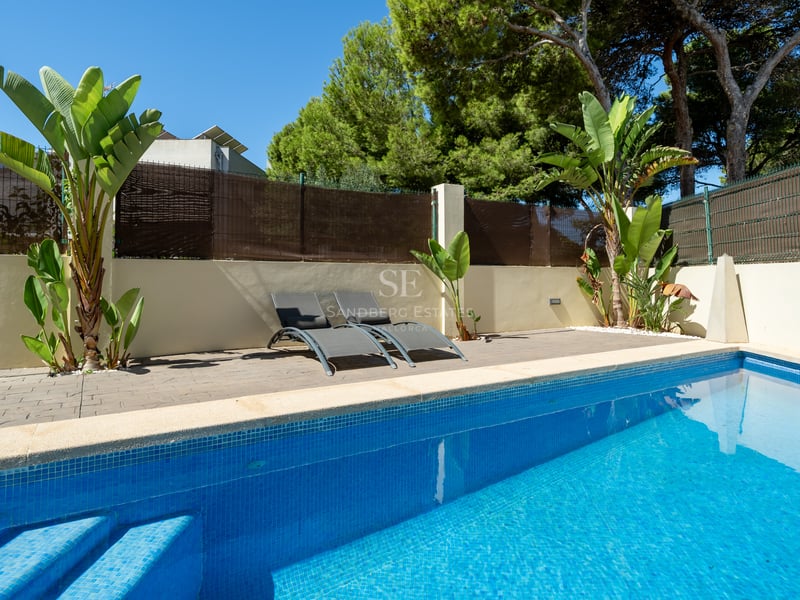 Blå mosaikpool intill en stenlagd terrass med grå solstolar och tropiska växter under en blå himmel.