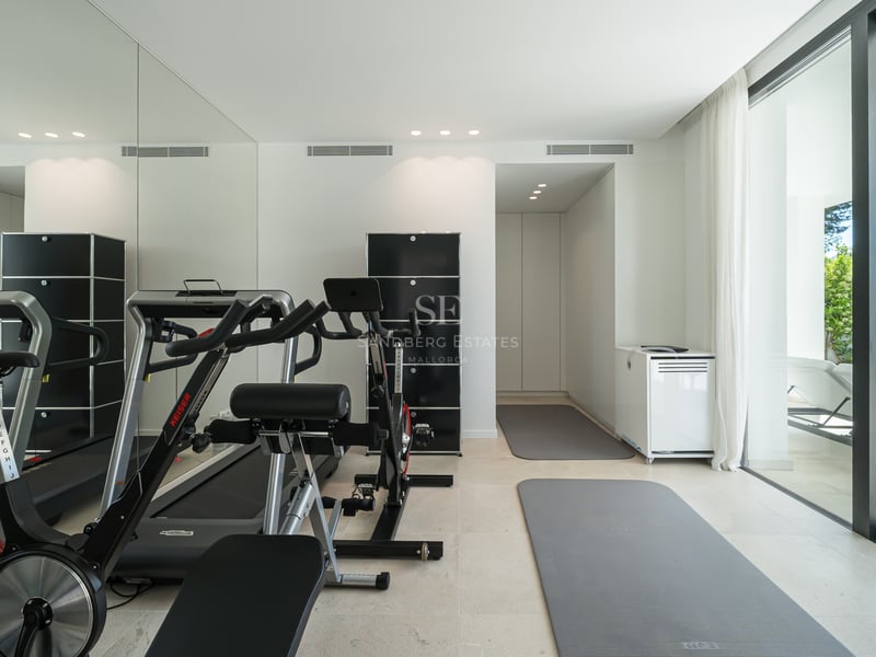 Salle de sport moderne avec vélos Keiser, tapis de course et miroirs, ouvrant sur une terrasse de jardin.