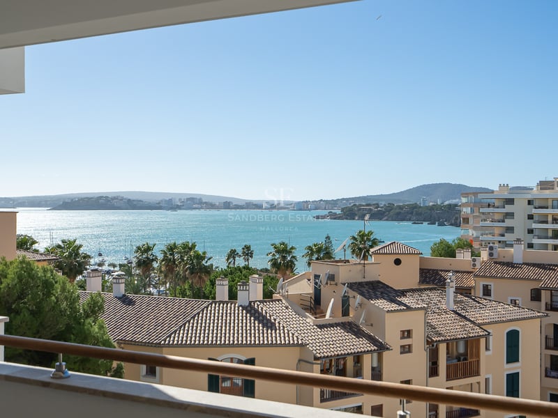 Blick von einem Balkon über mediterrane Dächer, Palmen und eine weite türkisfarbene Bucht bei klarem Himmel.