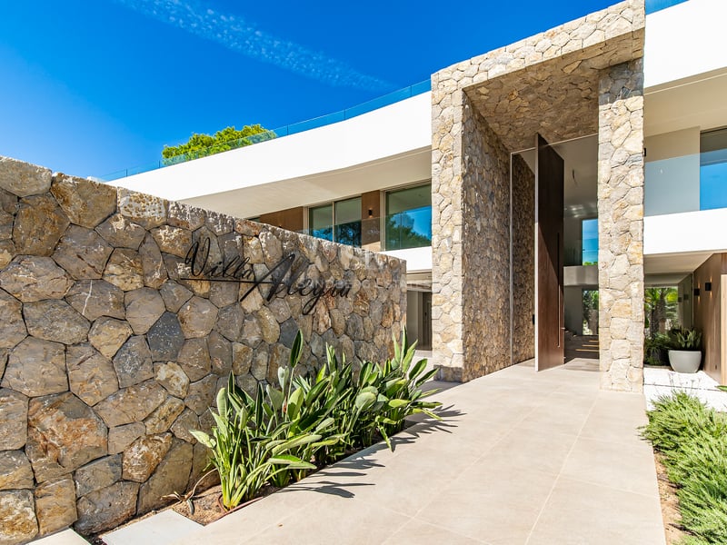 Entrée de villa moderne avec mur en pierre naturelle, enseigne Villa Alegra et grande porte pivotante en bois.