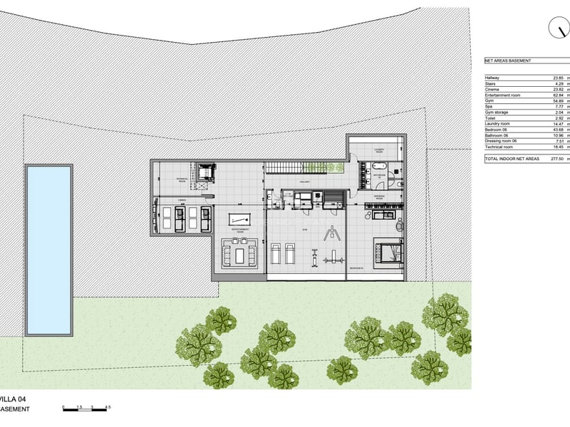 Plan d'étage technique du sous-sol d'une villa de luxe comprenant un cinéma, une salle de sport et un spa.