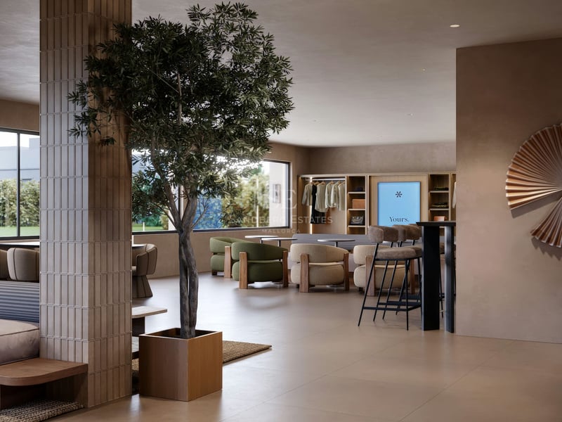 Salon moderne avec fauteuils design, grand arbre intérieur et baies vitrées donnant sur un jardin verdoyant.