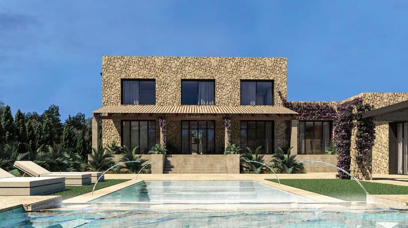 Villa moderne en pierre avec piscine, fontaines, chaises longues et jardin méditerranéen.