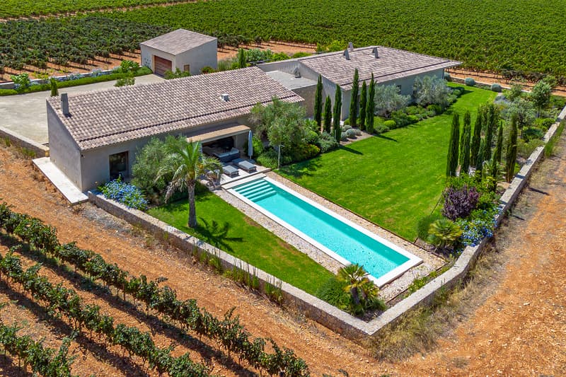 Vue aérienne d'une villa moderne avec piscine rectangulaire, pelouse soignée et vastes vignobles.