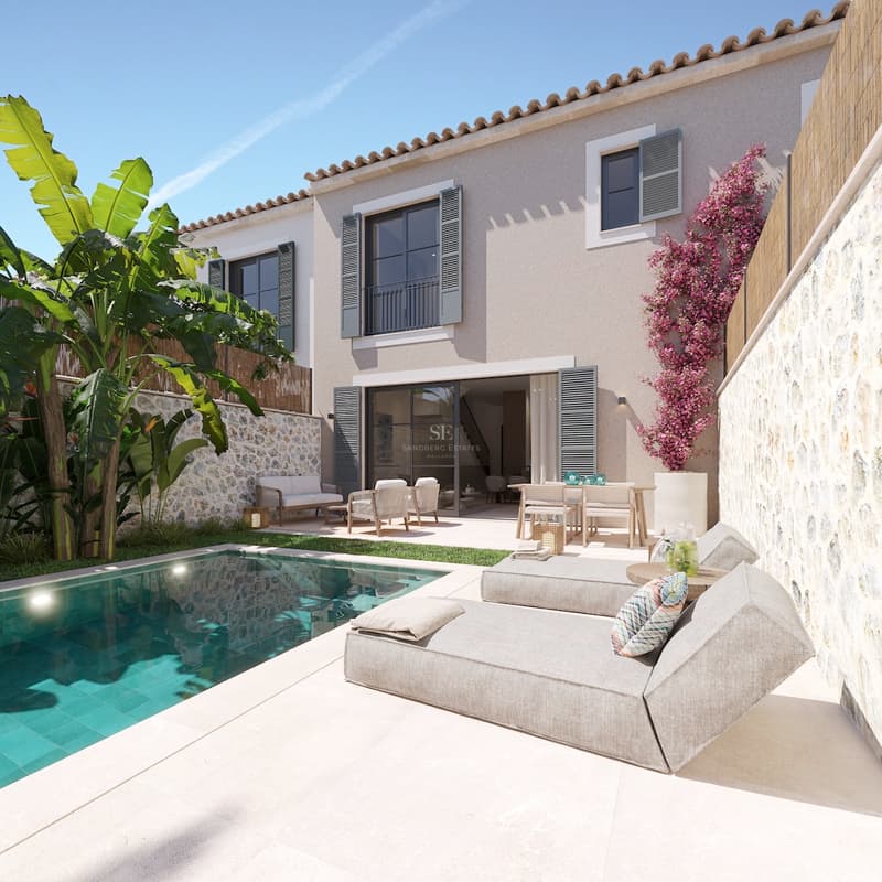 Vue extérieure d'une villa moderne avec piscine, jardin luxuriant et vastes terrasses. Design architectural épuré et élégant.