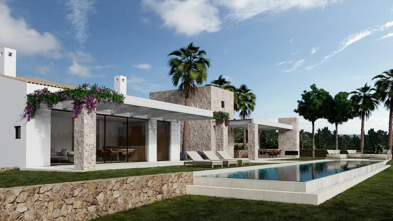 Modern stone and white villa with a long swimming pool, sun loungers, and palm trees under a blue sky.