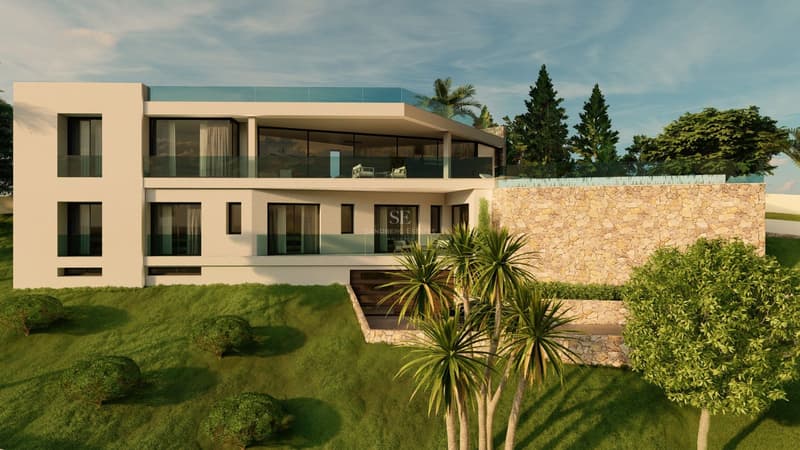 Vue d'une villa moderne avec piscine à débordement, jardin luxuriant et design architectural contemporain.