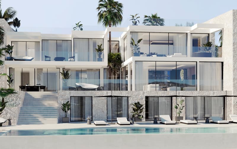 Utsikt över infinitypool, solstolar och modernt hus i bakgrunden. Elegant design med rikligt med naturligt ljus och neutral färgpalett.