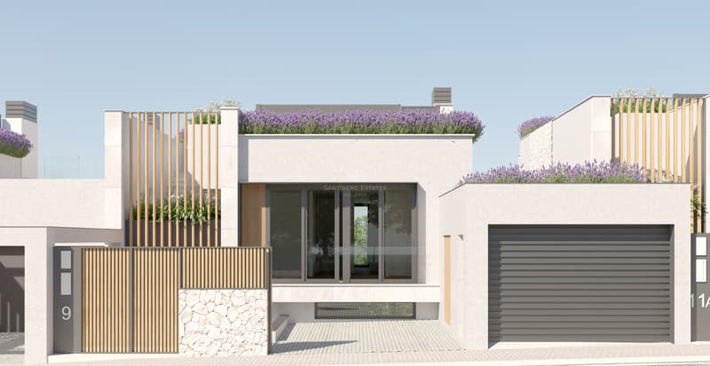 Contemporary white villa facade featuring natural stone walls, timber accents, and purple lavender roof planters.