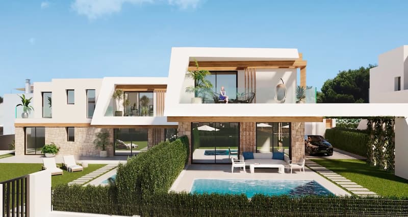 Villa contemporaine de deux étages avec accents en pierre naturelle, piscine turquoise et jardin paysager.