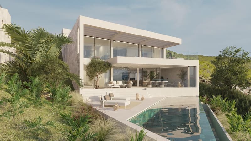 Moderne zweistöckige Villa mit weißer Fassade, großen Glasfronten, Infinity-Pool und Sonnenliegen.