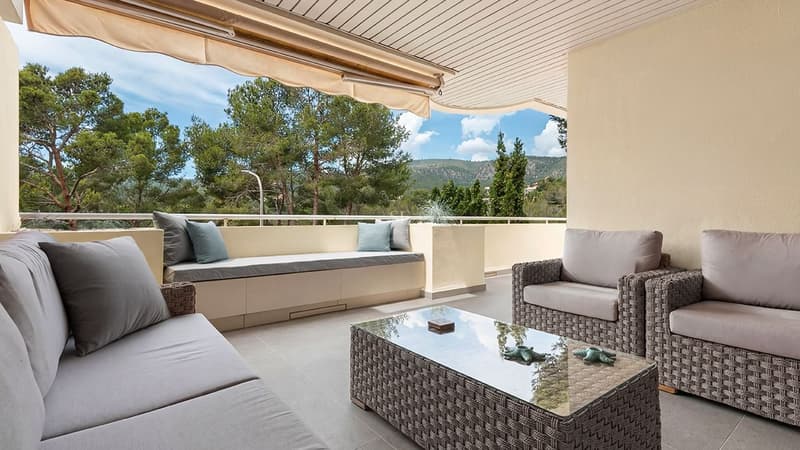 Covered terrace with grey wicker lounge furniture, a built-in bench, and views of pine trees and mountains.