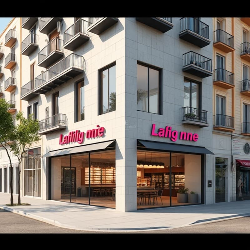 Vue extérieure d'un immeuble d'angle moderne avec parement en pierre crème et balcons noirs minimalistes.