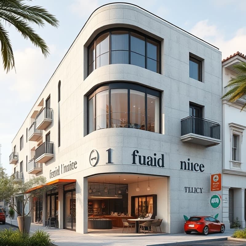 Immeuble contemporain blanc d'angle avec fenêtres incurvées, balcons et boutique au rez-de-chaussée sous ciel bleu.