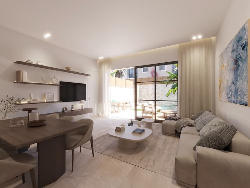 Grand salon avec baies vitrées, terrasse avec piscine et vue sur la mer. Design moderne, lumineux et élégant. Idéal pour la détente.