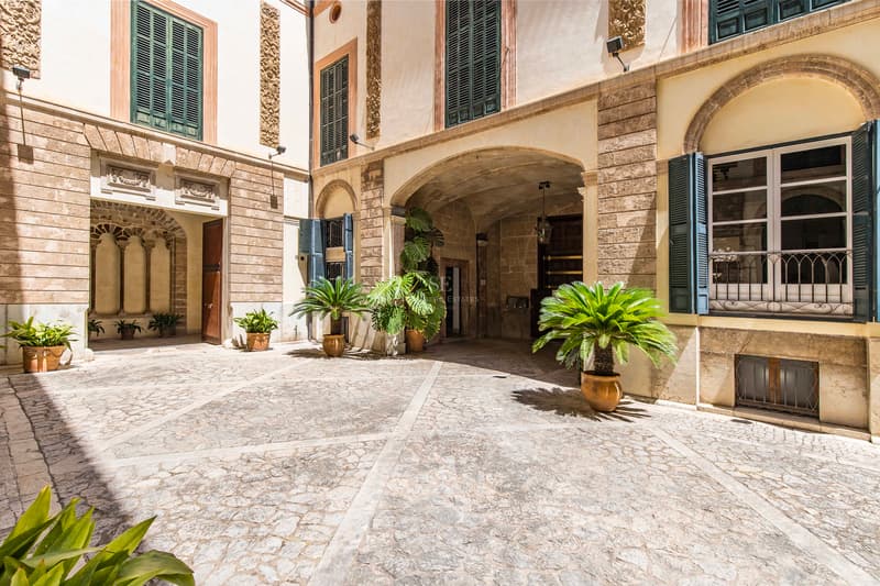 Cour pavée de pierre avec volets verts, entrée voûtée et plantes tropicales en pots sous le soleil.