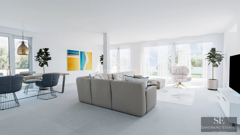 Exterior view of a modern villa with infinity pool, lush greenery, and minimalist architecture. White facade and large windows.