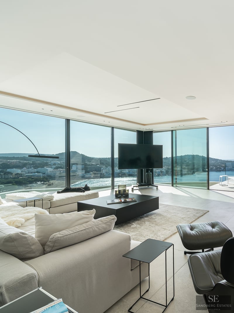 Modern living room with floor-to-ceiling windows, white sofas, a sleeping black cat, and a panoramic sea view.