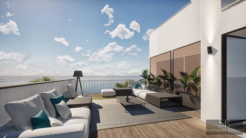Spacious terrace with infinity pool. Modern design, sun loungers, and panoramic views. Luxury and comfort define this space.