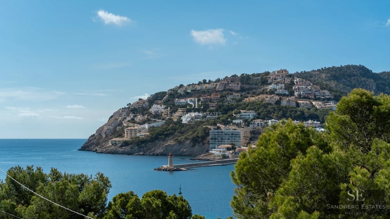 View of a luxurious house with infinity pool, lush garden and modern architecture. Large windows, minimalist design.