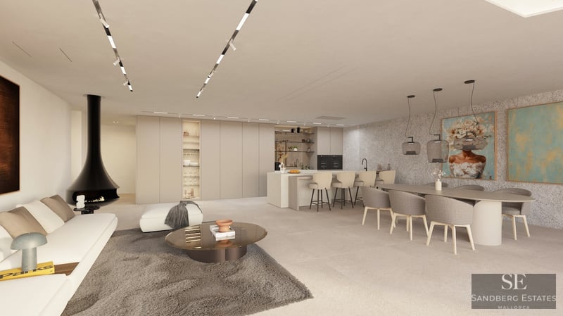 Spacious open-plan living area with white sofa, modern black fireplace, dining set, and minimalist kitchen in neutral tones.