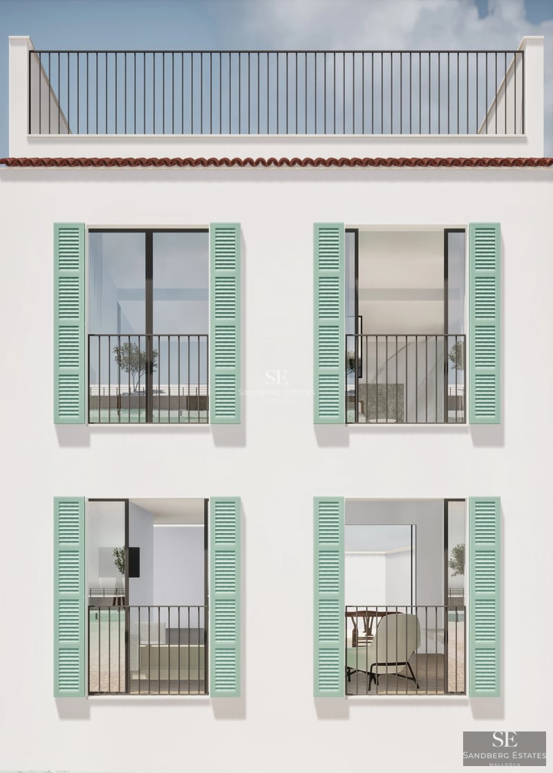 Spacious living room with floor-to-ceiling windows, light wood floors, designer furniture, and terrace access. Natural light and open views.