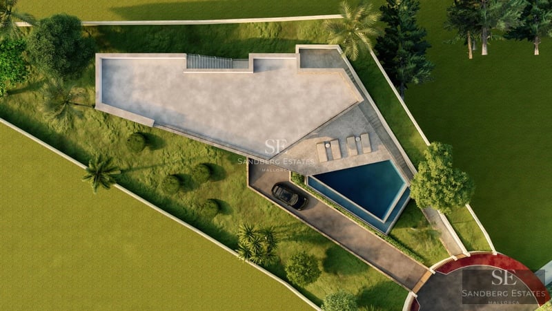 Exteriörvy av en modern villa med pool, omgiven av vegetation. Minimalistisk arkitektonisk design och högkvalitativa ytskikt.