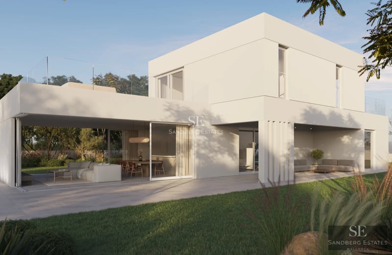 Exterior view of a modern villa with swimming pool. Minimalist architecture, large windows, and lush landscaping. Luxury and comfort.