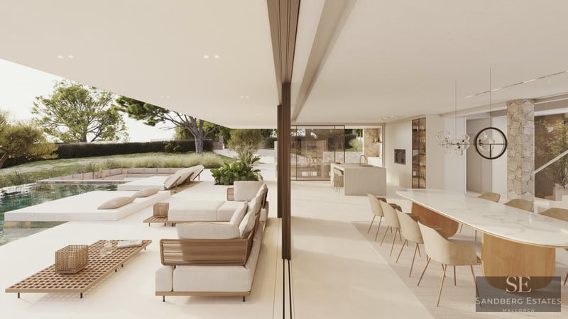 Modern luxury terrace with white lounge furniture and a pool next to an open-plan indoor dining area.