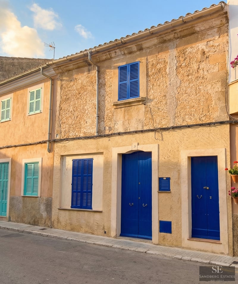 Ochre stone facade featuring vibrant blue wooden doors and shutters on a quiet street.