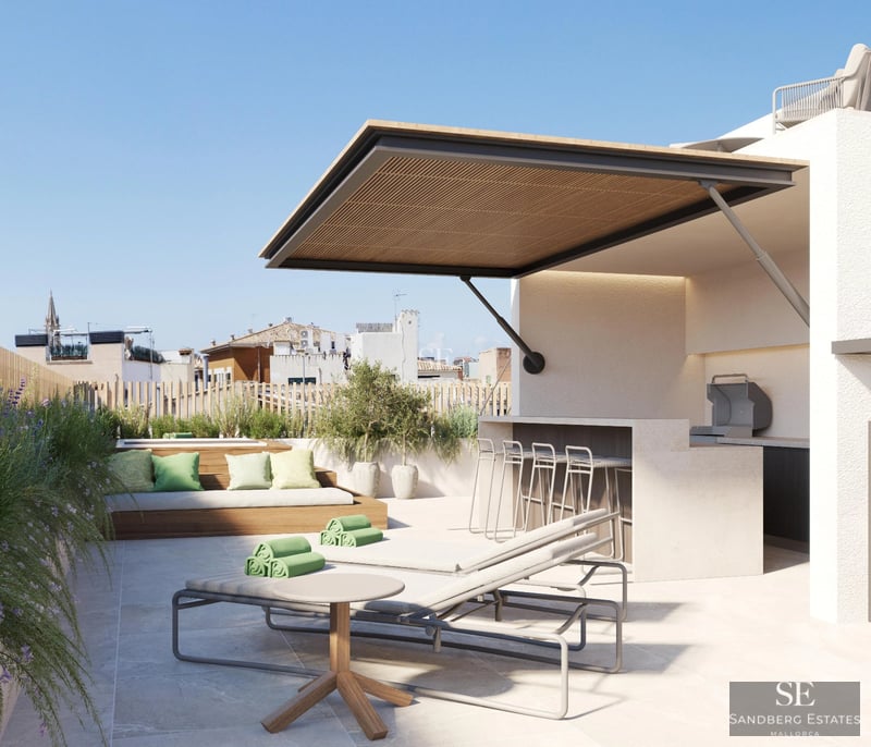 Exterior view of a modern villa with reflecting pool, large windows, and minimalist design. Lush landscaping and blue skies.