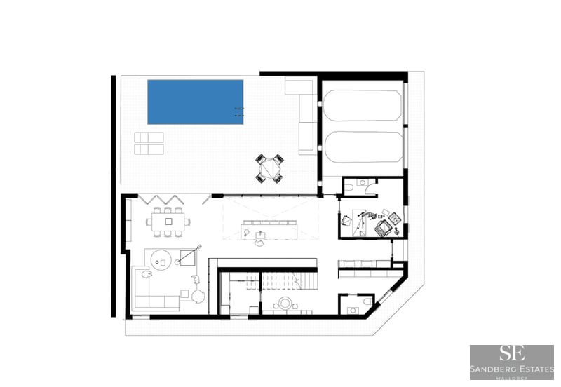 Exterior view of a modern villa with pool, sun loungers, and vegetation. Minimalist architectural design, spacious and bright.